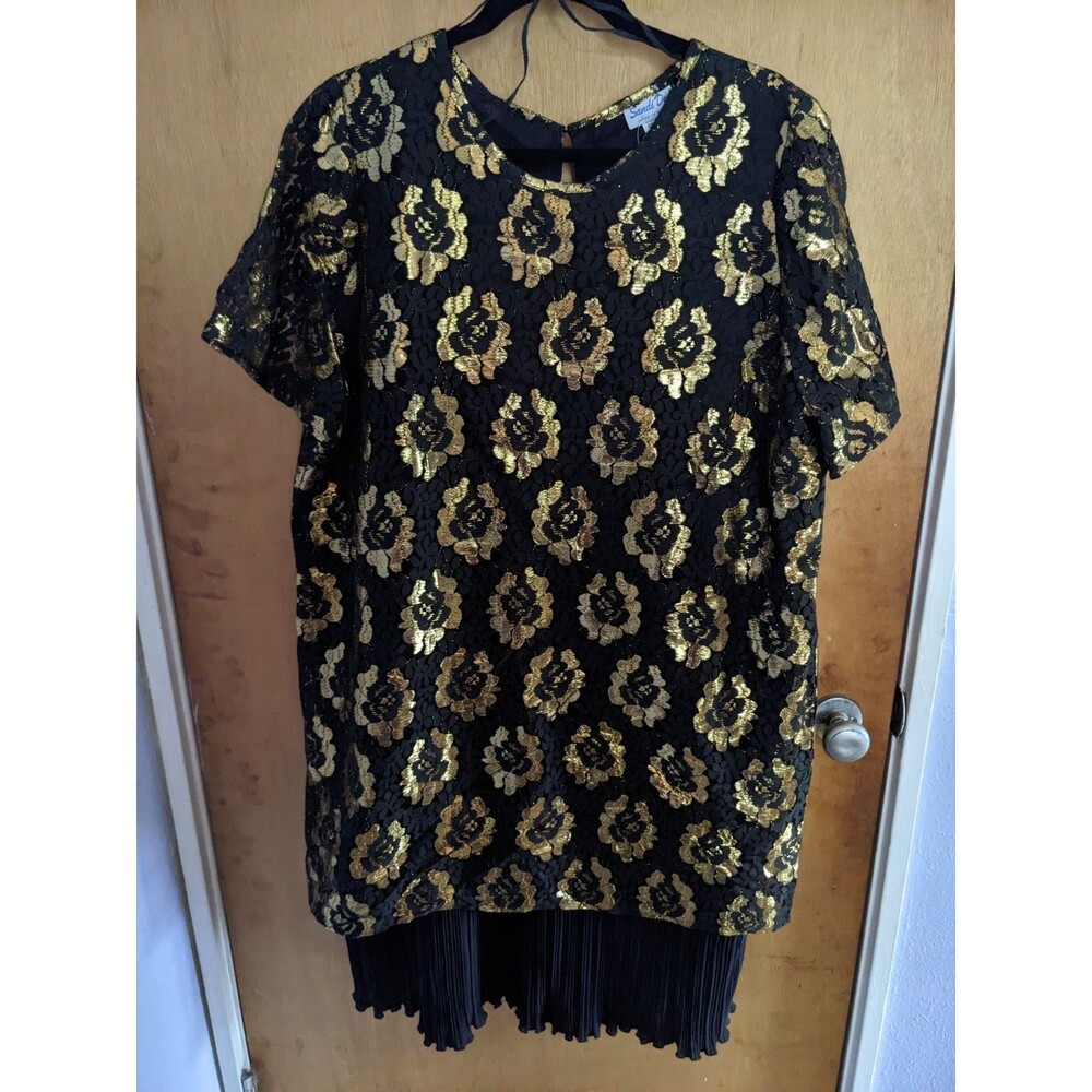 Sandi Dee Vintage Black Gold Floral Flapper Style Ruffle Hem Dress Size 20 1/2